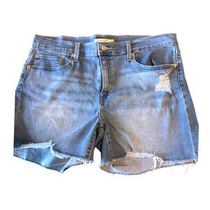 Levis Mid Length Denim Shorts Womens 34 Light Wash Frayed Hem Distressed